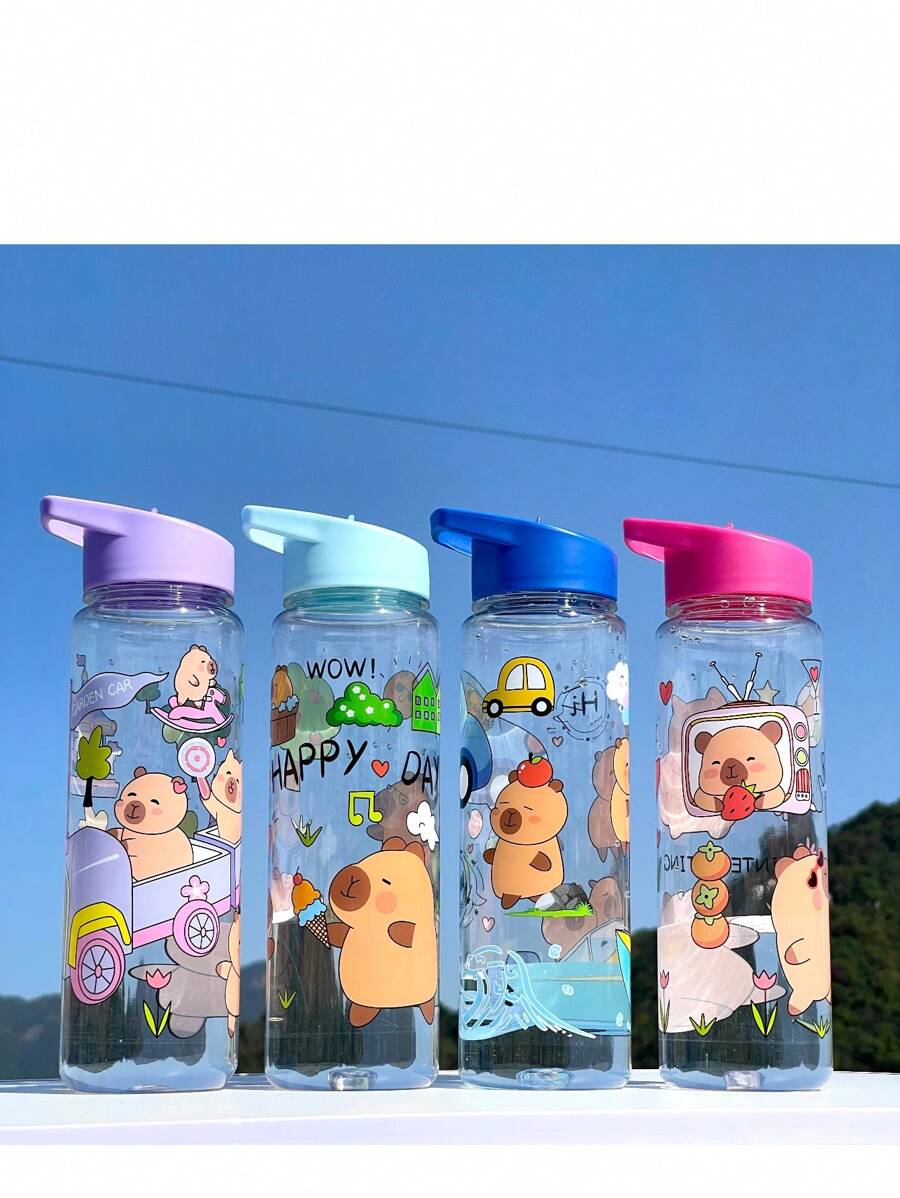 1 pieza Botella de agua portátil de 800ml con estampado de dibujos animados, con pajita y cuerda, adecuada para deportes al aire libre - Multicolor - Ver 1