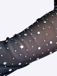 1 双纯色休闲涤纶水钻透明网眼薄手套，透气，轻便，适合日常外出、节日、所有季节 - 黑色 - 查看 2