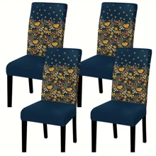1/2/4pcs Bohemian Milk Silk Restaurant Chair Covers, Vintage Yellow Orange Plant Floral Chair Seat Protectors, Solid Navy Blue Stretchy Removable Universal Chair Slipcovers For Kitchen, Ceremony, Banquet, Hotel Decor
