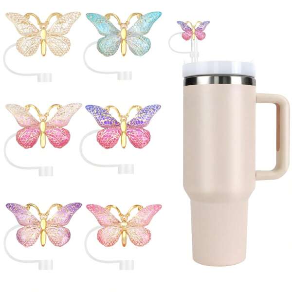Couvercle de paille en forme de papillon, couvercle de paille pailleté pour tasse, capuchons de paille réutilisables drôles pour accessoires de tasse compatible avec une paille de 10 mm/0,39 pouces