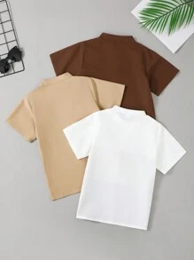 3 件套青少年男孩夏季三色拼布 Polo 装饰短袖衬衫，卡其色，棕色，简约休闲通勤装