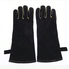 Hitzebeständiger, feuerfester Handschuh, Schweißhandschuhe für hohe Temperaturen, lange Lederhandschuhe für Schweißer, für Grill, Holzofen, Kamin, 14 Zoll (schwarz) - Schwarz - Übersicht 2