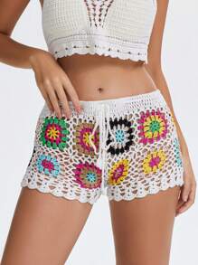 Women's Summer Knit Crochet Shorts Casual Hollow Out Elastic Waist Drawstring Short Pants Shorts - trắng - Xem 5
