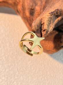1pc 18K Gold Plated Stainless Steel Pentagram Ring, Fashionable & Creative Titanium Steel Adjustable Finger Ring Suitable For Men & Women, Valentine's Day Gift Valentines,Mom,Mother,Mother's Day,Gift
