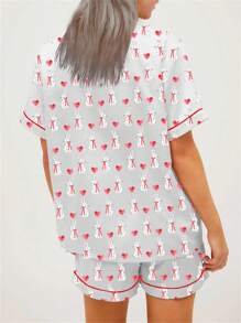 Women Easter / Valentine's Day Pajamas Sets Y2K Hearts/Bow/Rabbit Print Short Sleeve Button Down T-Shirt And Elastic Shorts Sets Cute Loungewear Soft Sleepwear