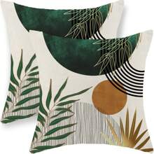 2 PIÈCES Taie d'oreiller de style bohème Abstrait Coucher de soleil doré vert sapin Taie d'oreiller extérieure de style médiéval bohème tropical à motif de feuilles Décorations de ferme Housse de coussin de canapé sans rembourrage sur un côté