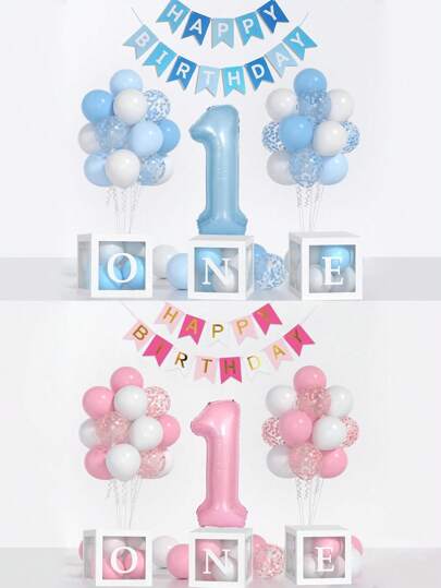 54 st/set Första födelsedagsdekorationer för pojke och flickor-40 tums blå 1 nummer, babyblå, rosa, grön, vita ballonger, grattis på födelsedagen ballonger och en ballonglådor för barn Ett år gamla födelsedagsdekorationer