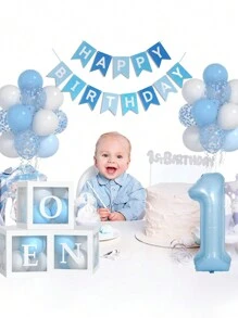 54pcs/Set First Birthday Decorations For Boy And Girl-40 Inch Blue 1 Number, Baby Blue,Pink,Green,White Balloons, Happy Birthday Balloons And One Balloon Boxes For Kids One Year Old Birthday Decorations