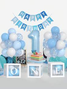 54pcs/Set First Birthday Decorations For Boy And Girl-40 Inch Blue 1 Number, Baby Blue,Pink,Green,White Balloons, Happy Birthday Balloons And One Balloon Boxes For Kids One Year Old Birthday Decorations
