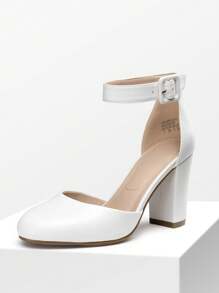 Women Ankle Strap Chunky Heel Pumps Round Toe High Heel Comfortable Elegant Work Dating Wedding Party Dress Shoes - 白色 - 查看 5