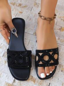 Women's Rhinestone Flat Slide Sandals, Fashion Street Style Outdoor Slippers For Summer - Black - View 7