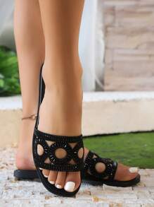 Women's Rhinestone Flat Slide Sandals, Fashion Street Style Outdoor Slippers For Summer - Black - View 5
