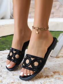 Women's Rhinestone Flat Slide Sandals, Fashion Street Style Outdoor Slippers For Summer - Black - View 3