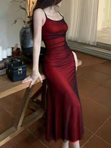 Christmasgift Ladies Red Double Mesh Dress Sexy Sleeveless Spaghetti Straps Long Dress Party New Year Women's Clothing - 紅色 - 查看 2