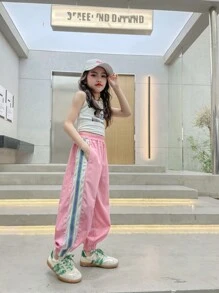 Tween Girl's Casual Contrast Color Striped Drawstring Pants