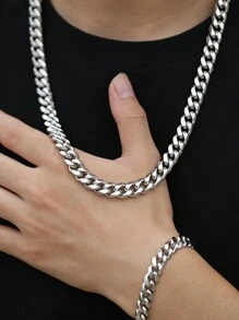 2pcs Stainless Steel Men's Necklace And Bracelet Set, Men's Fashion Accessory