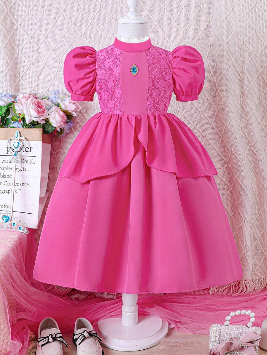 Tween Girls Spring/Summer Cosplay Puff Sleeve Princess Peplum Dress - Hot Pink - View 1