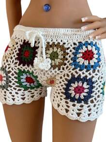 Women's Summer Knit Crochet Shorts Casual Hollow Out Elastic Waist Drawstring Short Pants Shorts - trắng - Xem 1