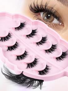 5 Pairs CC Curl Manga Half Lashes Clear Band Eyelashes Cat Eye False Eyelashes Short Soft 3d Faux Mink Eyelashes Soft Natural Makeup,Pink Leaf Tray, Suitable For Travel Carrying, Christmas Gift For Women - 眼尾拉長款 - 查看 9