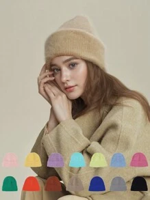 1pc Solid Color Warm Knitted Hat, Soft Fluffy Yarn, Fashionable Unisex Beanie, Autumn/Winter - 1pcs - View 1