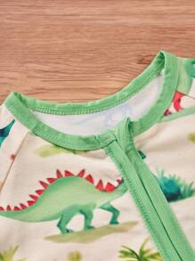 lulukaka 新生男童恐龙印花长袖前拉链连体衣 - 綠色 - 查看 3