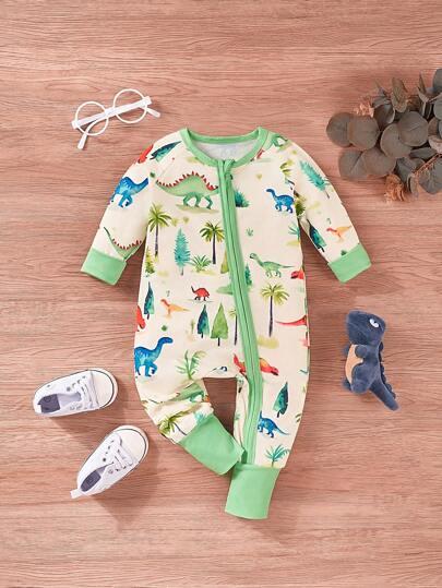 lulukaka 新生男童恐龙印花长袖前拉链连体衣