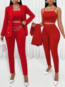 AIJ Amarilo Women's Ladies' Shawl Neck Open Front Blazer & & Cami Top & Pants Three Pieces Set For Office Look - Red - View 1