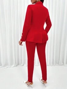 AIJ Amarilo Women's Ladies' Shawl Neck Open Front Blazer & & Cami Top & Pants Three Pieces Set For Office Look - Red - View 2