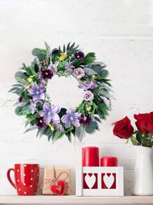 Artificial Clematis Wreath With Leaves, 21.65Inch Spring Wreath For Front Door Wall Window Hallway Garden Wedding Home Decoration, Spring Valentine's Day Easter Decoration - Purple - View 4