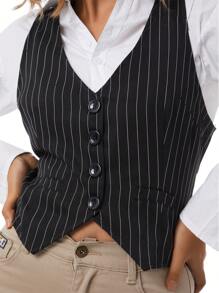 Female Waistcoat, Solid Color/ Striped V-Neck Sleeveless Tops Blouse Vest For Summer, S/M/L/XL/XXL - Khaki - View 8