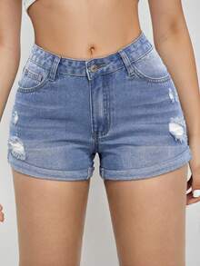 Women's Summer Casual Rolled Hem Distressed Washed Mid-Waist Denim Shorts, Blue - Blue - View 4