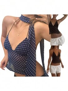 Women's Halter Neck Tops Sleeveless Tie Backless Dots Print Slim Fit Cami Tops Summer Shirts - Cà phê nâu - Xem 2