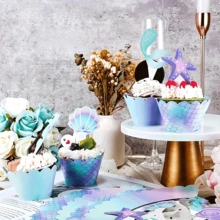 40 chiếc đầu và giấy gói bánh cupcake nàng tiên cá, trang trí chủ đề hai mặt, chủ đề dưới biển, quà tặng tiệc sinh nhật, nhiều màu - Trong sáng - Xem 5