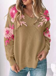 女式花卉 V 领毛衣，秋冬季套头长袖针织上衣，女式时尚针织套头衫