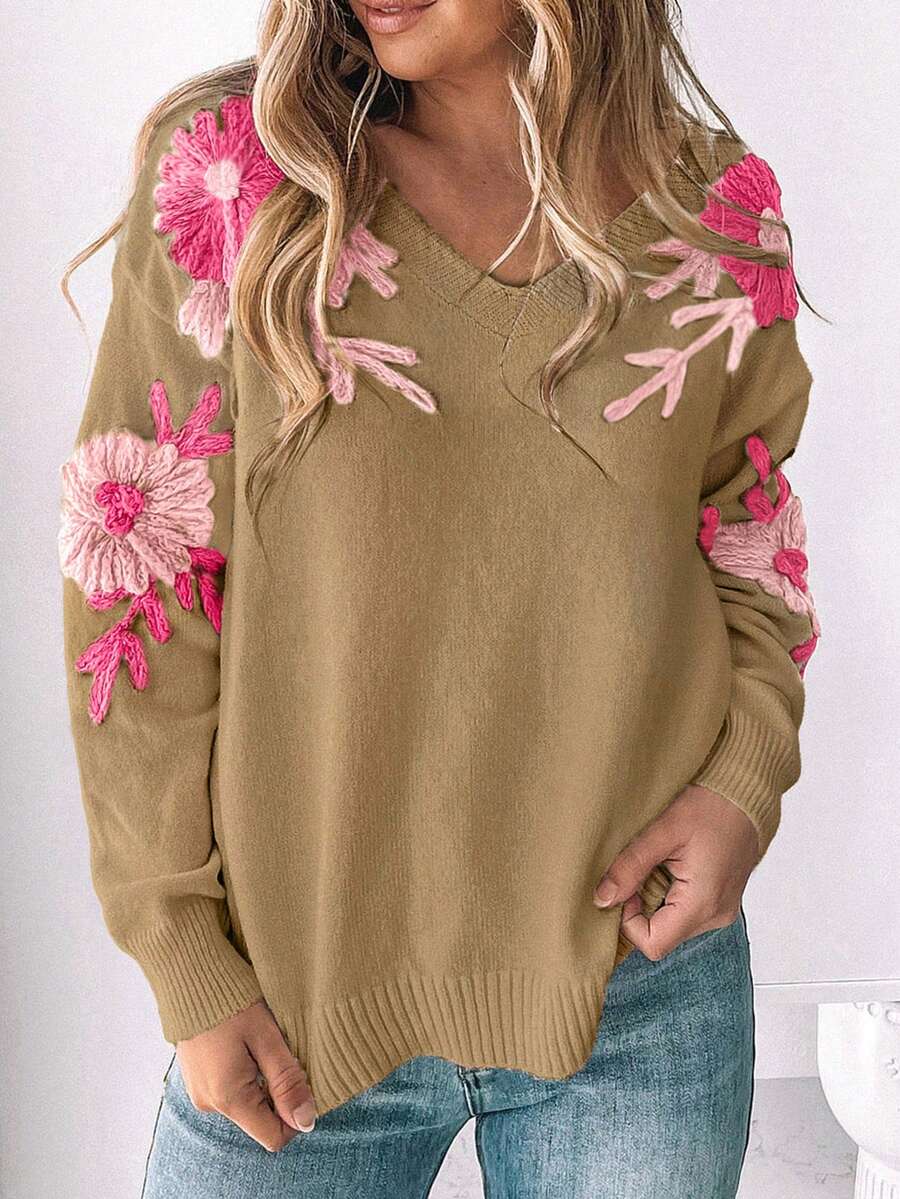 女式花卉 V 领毛衣，秋冬季套头长袖针织上衣，女式时尚针织套头衫