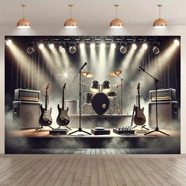 1pc Rock Band Stage Background Banner, Birthday Party Party Banner Photography Background, Studio Party Decoration, Multi-Purpose Photography Background, Reusable