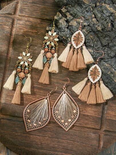 TopHanqi 3 对复古波西米亚耳环套装，棕色几何流苏吊坠长耳环，手工线圈，适合女性搭配日常服装、派对和聚会，用途广泛