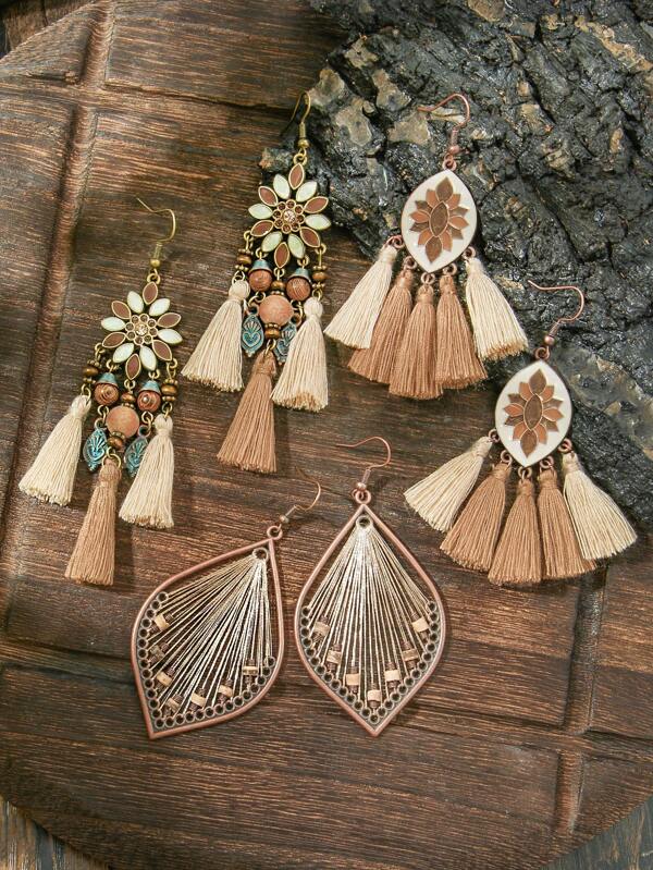 TopHanqi 3 Pairs Vintage Bohemian Earring Set, Brown Geometric Tassel Dangle Long Earrings, Handmade Coil Wire, Suitable For Women To Match Daily Outfits, Parties And Gatherings, Versatile