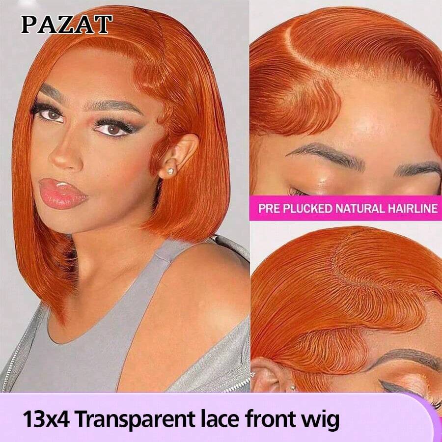 Tóc giả bob màu gừng cam PAZAT làm từ tóc thật 13x4 350 màu Tóc giả bob ngắn thẳng cho phụ nữ 180% mật độ HD trong suốt tóc giả ren phía trước màu gừng cam làm từ tóc thật với tóc trẻ em - S350 - Xem 1