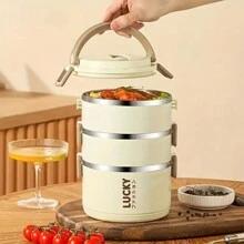 1 pieza Caja de almuerzo aislada multicapa con tapa y asa, fácil de limpiar, adecuada para la escuela, la oficina, el camping y las comidas al aire libre - Beis - Ver 6