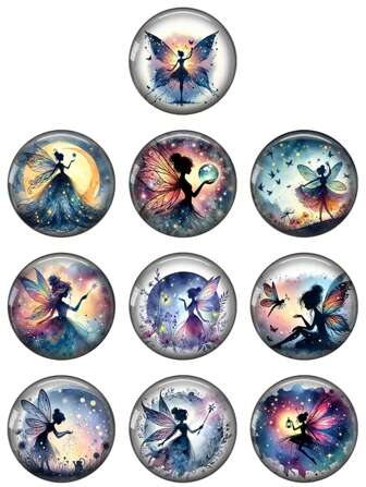 10 pièces de cabochons en verre photo démonstratifs ronds de 12 mm, 20 mm et 25 mm avec des ailes de fée en aquarelle magique, dos plat pour la fabrication de bijoux