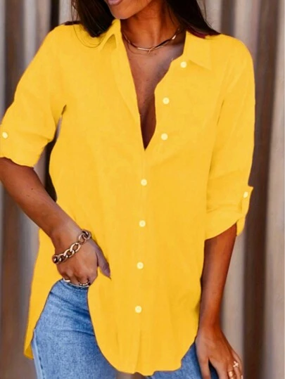 Mid-Long Style Women's Solid Color Button Long Sleeve Casual Shirt