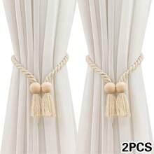 2 piezas de sujetacortinas de madera, cuerda de poliéster de estilo bohemio hecha a mano con diseño de bola redonda o cubo, adecuado para cortinas y cortinas vaporosas, aportando una sensación acogedora
