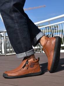 Salkin New Designer Handmade Men's Casual Flat Shoes, Convenient Zipper Men's Loafers, Lightweight Non-Slip Durable Soles, Suitable For Outdoor Activities, Hiking, Walking, Men's Ankle Boots, Spring/Summer/Autumn - Rust Brown - View 2