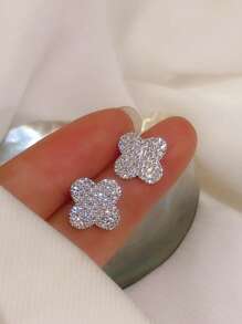 1 对 925 纯银幸运满钻耳钉，适合女性日常佩戴节日礼物原创设计迷人复古派对精美珠宝 - 奢華滿鑽四葉草 - 查看 4