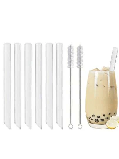 2/3/4/6pcs Glass Straws With 1/2pcs Cleaning Brushes, Suitable For Milk, Juice, Bubble Tea Drinking, Home Gatherings, Theme Parties, Wedding, Bar, Beach,School Supplies