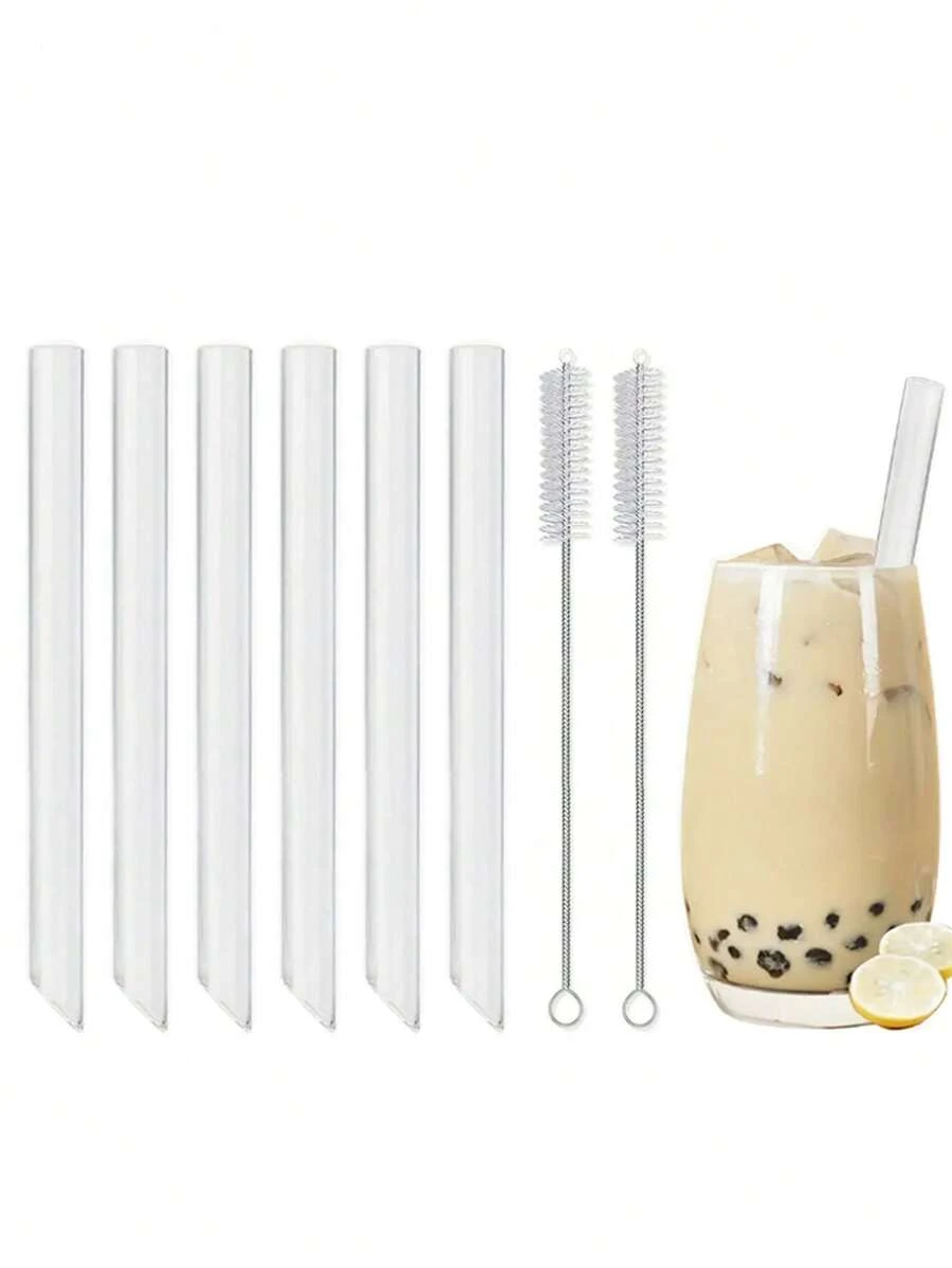 2/3/4/6pcs Glass Straws With 1/2pcs Cleaning Brushes, Suitable For Milk, Juice, Bubble Tea Drinking, Home Gatherings, Theme Parties, Wedding, Bar, Beach,School Supplies - Clear - View 1