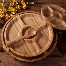 1 pieza Bandeja de estilo país de madera de acacia - Cesta de almacenamiento de madera redonda, adecuada para bocadillos, frutas y postres | Organizador de cocina y accesorio de decoración para el comedor - Color caoba - Ver 8