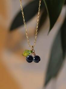 1 pieza Collar colgante con hoja de cerezo y verde, diseño lindo y dulce para uso diario, joyería de mujer - Multicolor - Ver 8