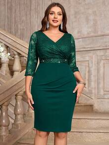 Vestido de cóctel ajustado elegante con cuello en V, encaje floral de contraste, lentejuelas y cintura fruncida, apropiado para fiesta de San Valentín, boda formal, cumpleaños, graduación, regreso a casa - Verde Oscuro - Ver 5